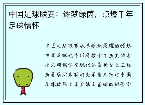 中國足球聯賽：逐夢綠茵，點燃千年足球情懷